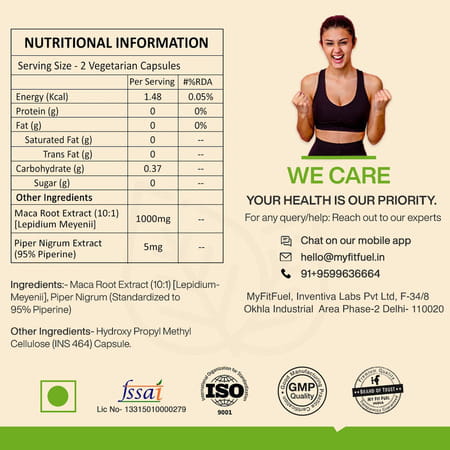 Myfitfuel Maca Root Extract (10:1)+ Piperine (95%) | 1000mg (90 Capsules) For Men & Women