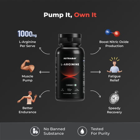 Nutrabay Pro L-Arginine Tablets | Improve Endurance | Promote Muscle Pump | 1000mg - 60 Veg Tablets