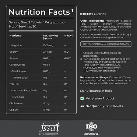 Nutrabay Pro L-Arginine Tablets | Improve Endurance | Promote Muscle Pump | 1000mg - 60 Veg Tablets