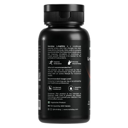 Nutrabay Pro L-Arginine Tablets | Improve Endurance | Promote Muscle Pump | 1000mg - 60 Veg Tablets