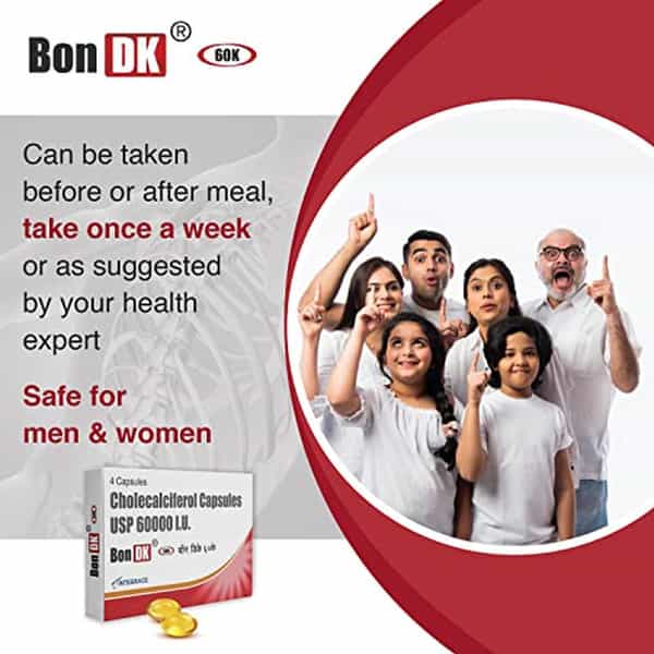 Bon Dk 60K Vitamin D3 Capsule|20 Capsule(Pack Of 5) Men & Women (5 X 4 Capsules)
