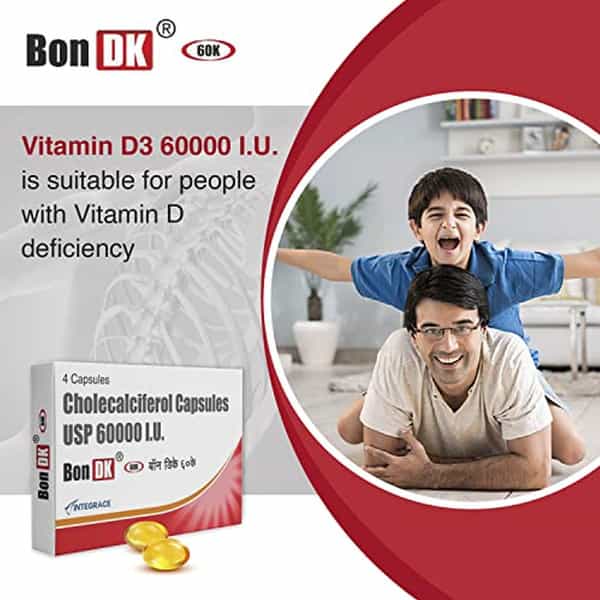 Bon Dk 60K Vitamin D3 Capsule|20 Capsule(Pack Of 5) Men & Women (5 X 4 Capsules)