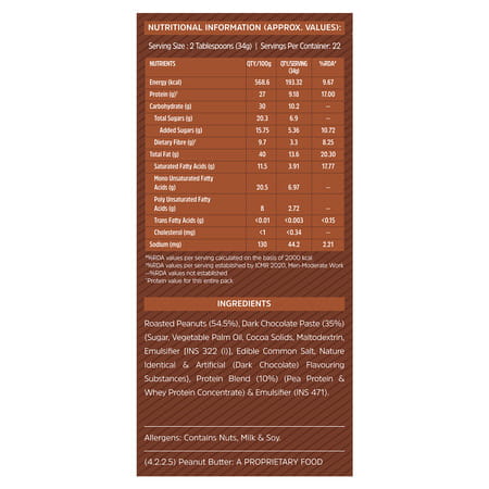 Muscleblaze Fit High Protein Peanut Butter | Crunchy (Dark Chocolate Spread | 750G) | 27G Protein