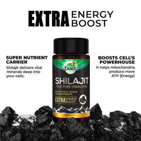 Zandu Shilajit | Extra Energy Boost | 100% Pure Himalayan | Lab Tested | Capsule 60 No'S
