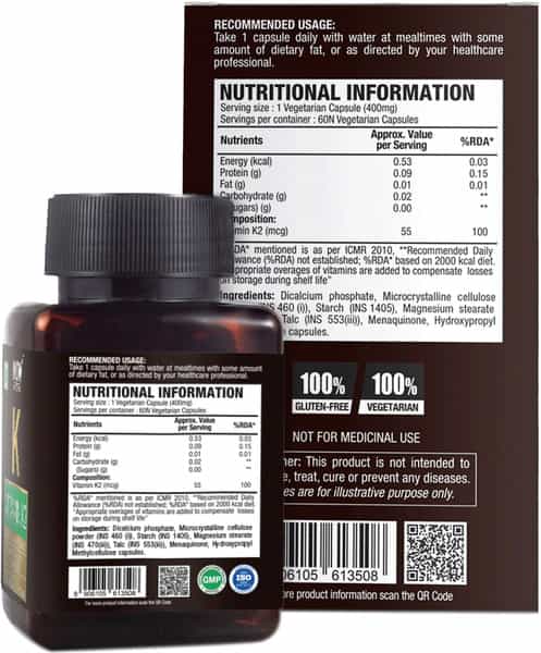Wow Life Science Vitamin K2 Capsules - 100Mcg - 60 Vegetarian Capsules