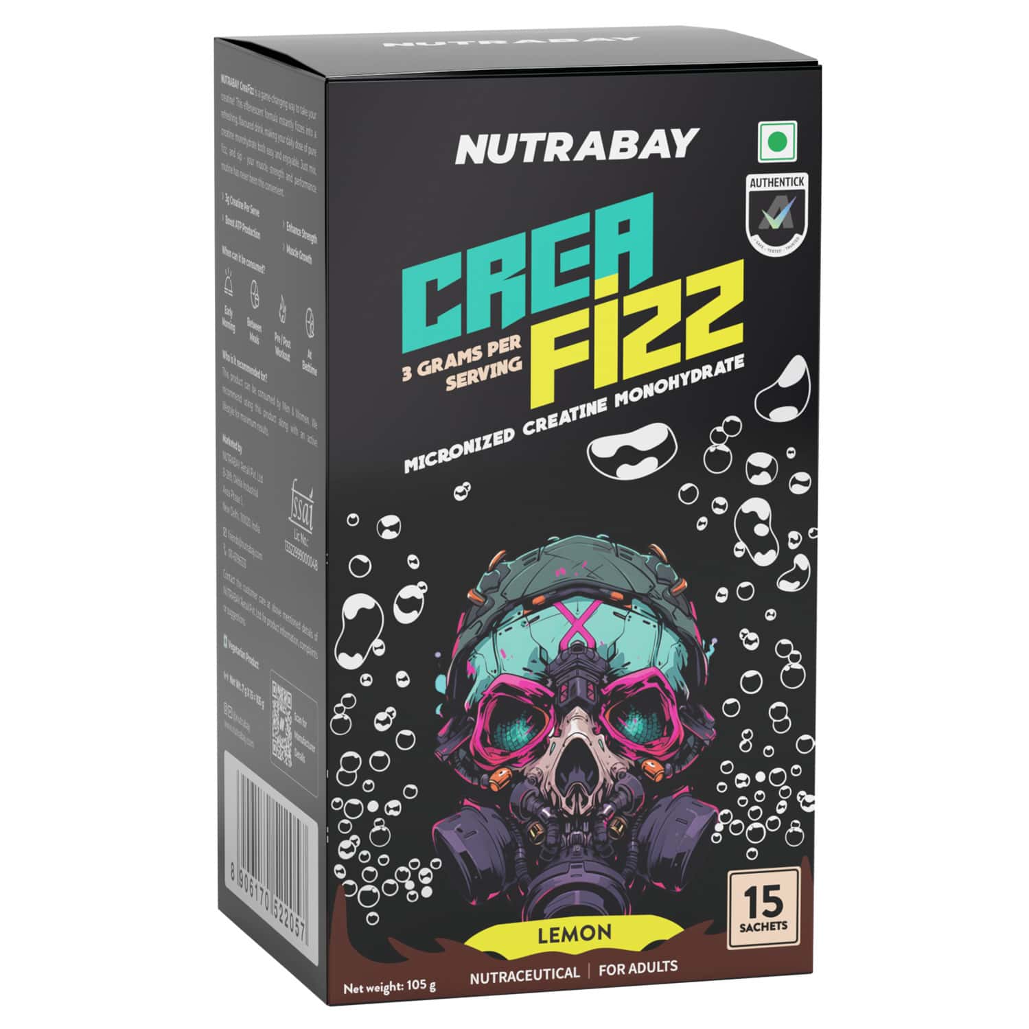 Nutrabay Creafizz Effervescent Powder | Rapid Absorption | Lemon Flavour| 15 Sachets (105g)