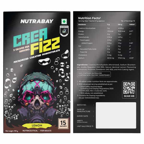 Nutrabay Creafizz Effervescent Powder | Rapid Absorption | Lemon Flavour| 15 Sachets (105G)