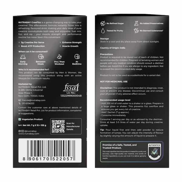 Nutrabay Creafizz Effervescent Powder | Rapid Absorption | Lemon Flavour| 15 Sachets (105G)