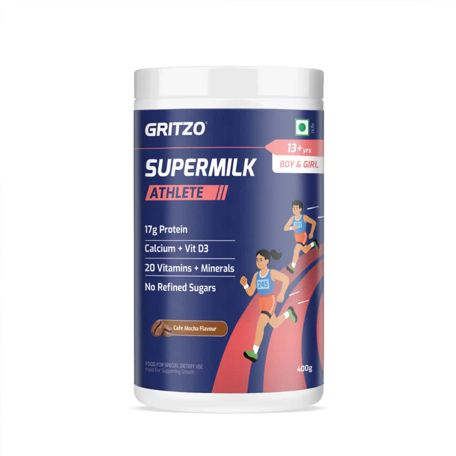 Gritzo Supermilk Athlete (13+Y Boy & Girl) | 17g Protein Powder (Cafe Mocha | 400g)