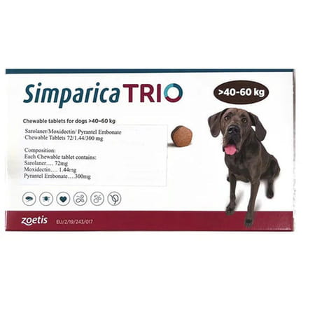 Zoetis Simparica Trio (Sarolaner) Tick And Flea Control Tablet For Dogs | 40-60kg | 1 Tablet