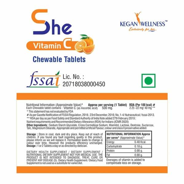 Kegan Wellness She (Vitamin C) Chewable Multi-Vitamin Tablets Bottle Of 30