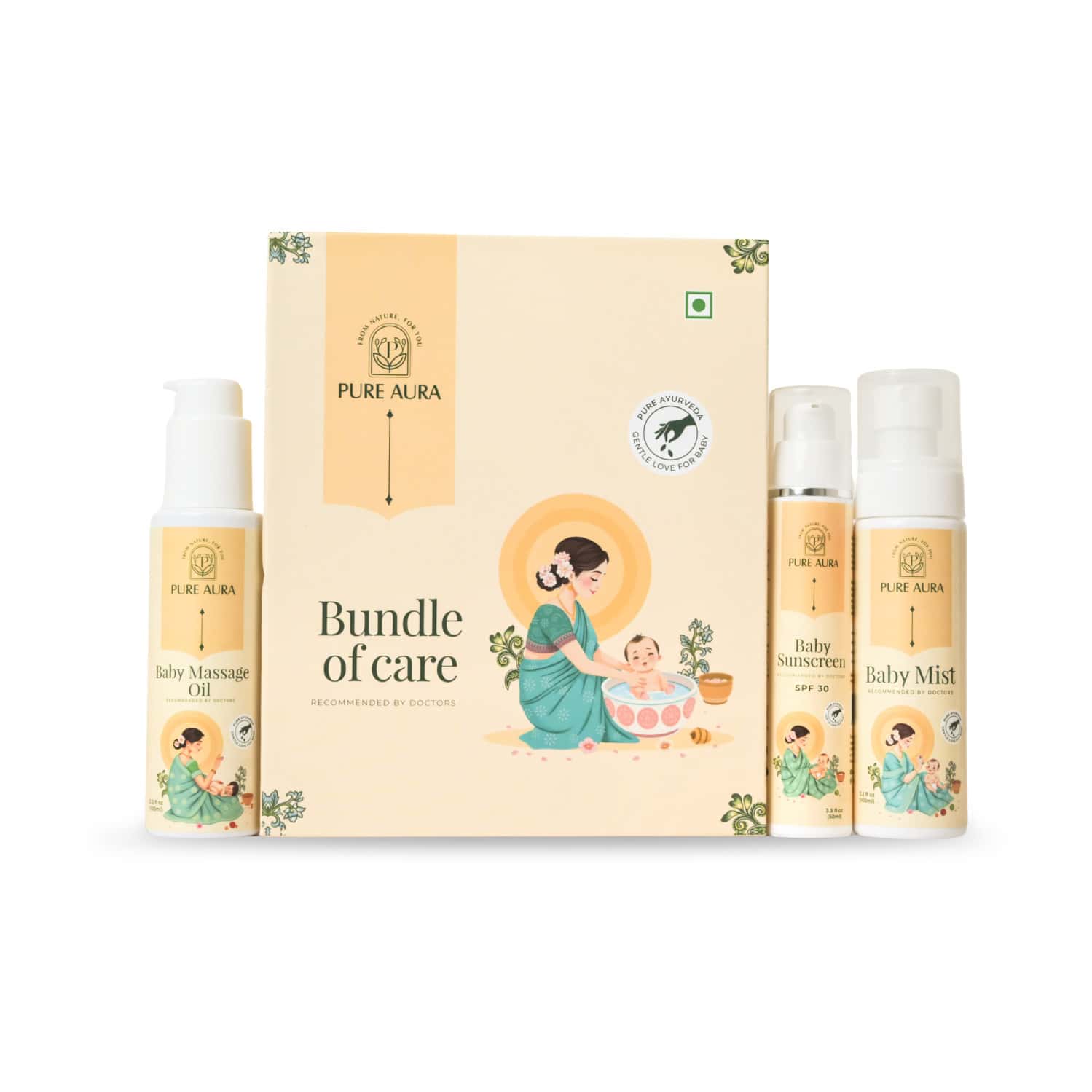 Pure Aura Soothing Care Trio Baby Body Mist| Ayurvedic Massage Oil & Spf 30 Baby Sunscreen Combo