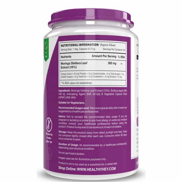 Healthyhey Moringa Extract 10:1 - Olifeira Leaf - Miracle Tree - 60 Veg Capsules