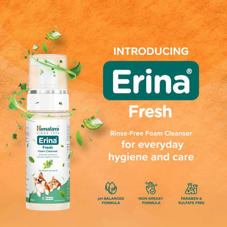 Himalaya Erina Fresh Foam Cleanser Dry Shampoo With Holy Basil & Tea Tree Oil For Dogs & Cats 150 Ml
