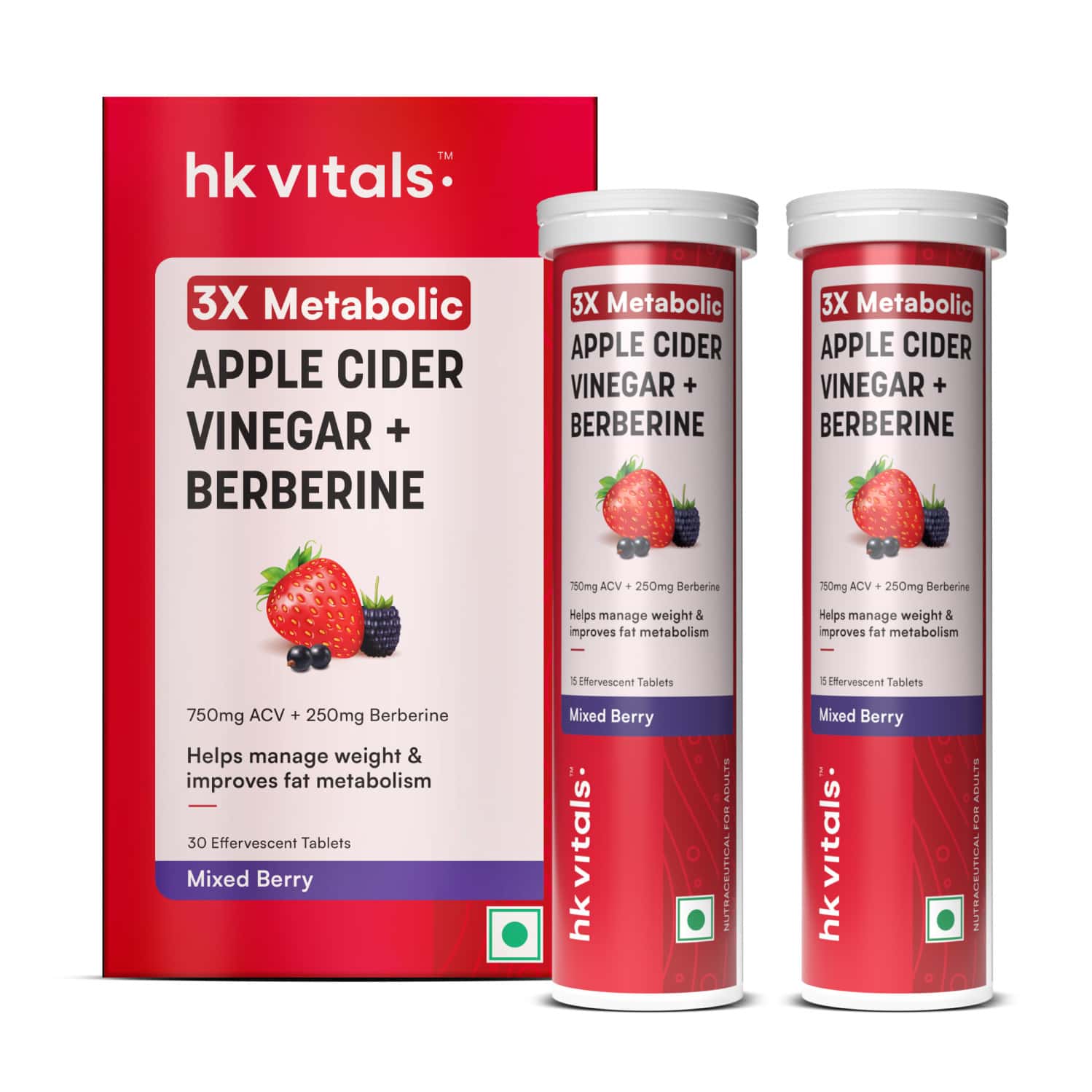 Hk Vitals 3x Metabolic Acv 750mg + Berberine 250mg | Mixed Berry Flavor - 15 Effervescent Each