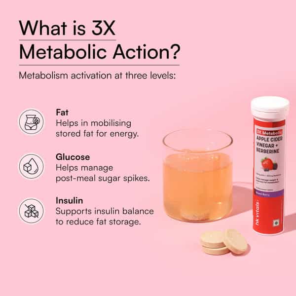 Hk Vitals 3X Metabolic Acv 750Mg + Berberine 250Mg | Mixed Berry Flavor - 15 Effervescent Each