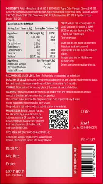 Hk Vitals 3X Metabolic Acv 750Mg + Berberine 250Mg | Mixed Berry Flavor - 15 Effervescent Each