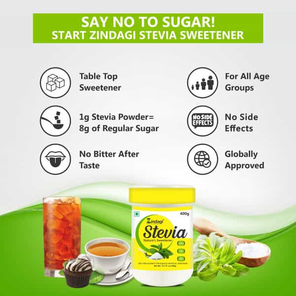 Zindagi Stevia Powder|Natural Spoonable White Powder Extract|Sugar-Free|Keto Diet | 400Gm