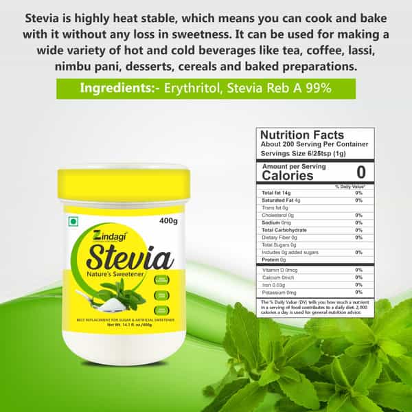 Zindagi Stevia Powder|Natural Spoonable White Powder Extract|Sugar-Free|Keto Diet | 400Gm