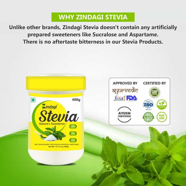 Zindagi Stevia Powder|Natural Spoonable White Powder Extract|Sugar-Free|Keto Diet | 400Gm