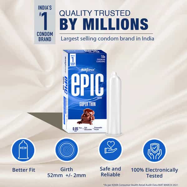 Manforce Epic Desire Super Thin Premium Condoms Silk Chocolate Flavour Disposable Pouch 10'S