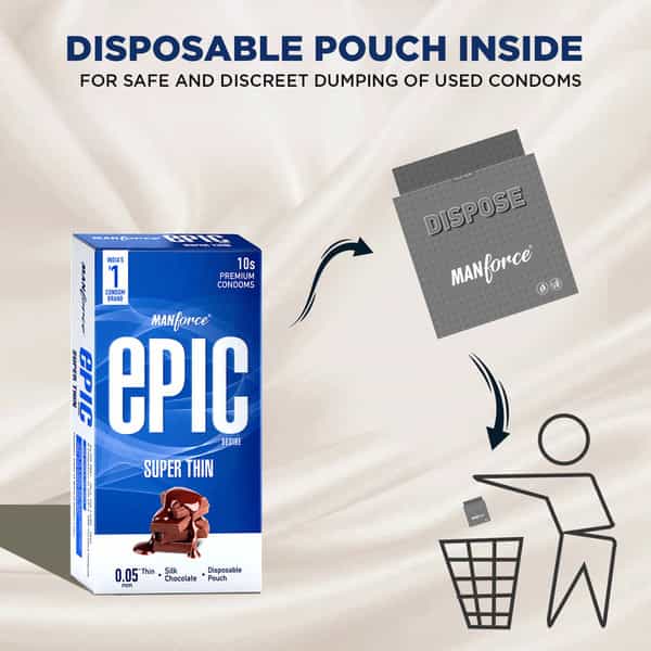 Manforce Epic Desire Super Thin Premium Condoms Silk Chocolate Flavour Disposable Pouch 10'S