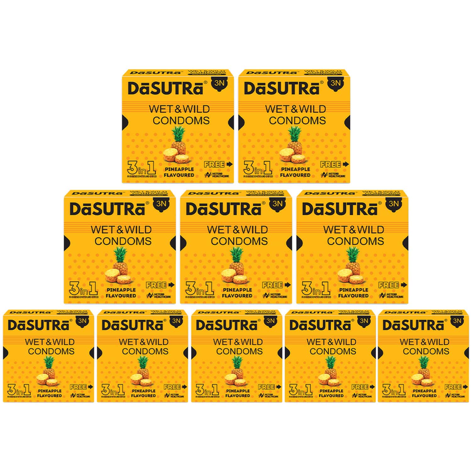Dasutra Wet & Wild Condoms - 3'S Pack Lubricated Ribbed & Dotted - Pineapple Flavour - Pack Of 10