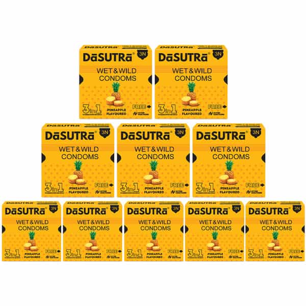 Dasutra Wet & Wild Condoms - 3'S Pack Lubricated Ribbed & Dotted - Pineapple Flavour - Pack Of 10