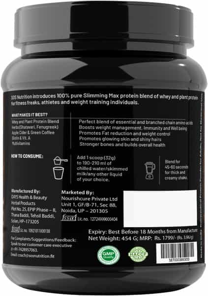 Sos Nutrition Whey Protein Slimming Max Weight Loss Herbs And Multi Vitamin Chocolate Protein 454G