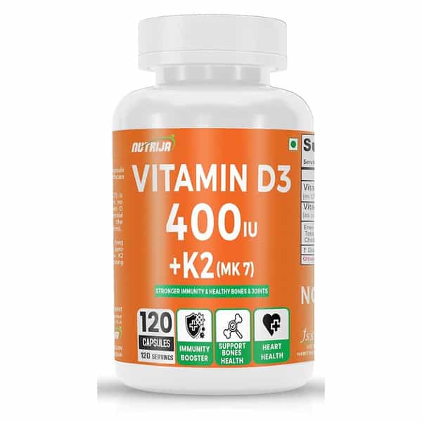 Nutrija Vitamin D3 + K2 As Mk7 Supplement | Plant Based Natural Vitamin D3 Supplement (120 Capsules)