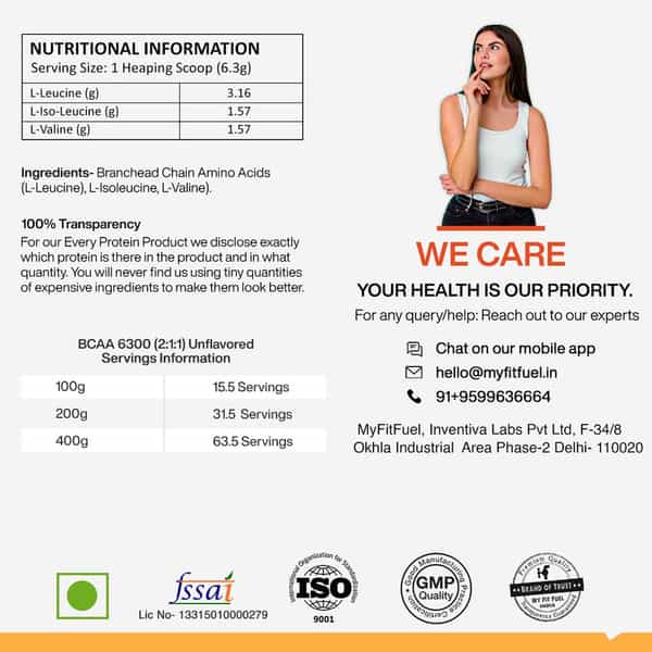 Myfitfuel Bcaa 6300 2:1:1 (200 Gm) Unflavored| Leucine | Isoleucine | Valine