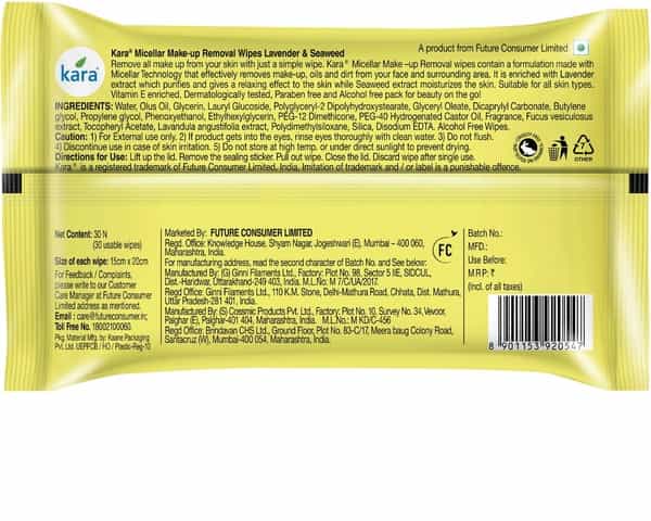 Kara Micellar Water Makeup Removal Wipes With Seaweed And Lavender - (30 Wipes)