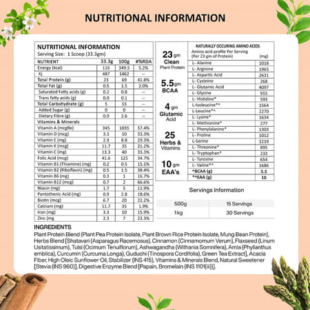 Vegan Greens Clean Women Plant Protein With Ayurvedic Herbs Vitamins Minerals (500G | Vanilla)