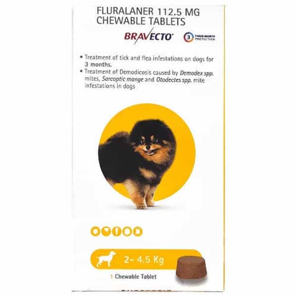 Bravecto 112.5Mg (Fluralaner) Dog Tick & Flea Control Tablet | 2-4.5Kg | 1 Tablet