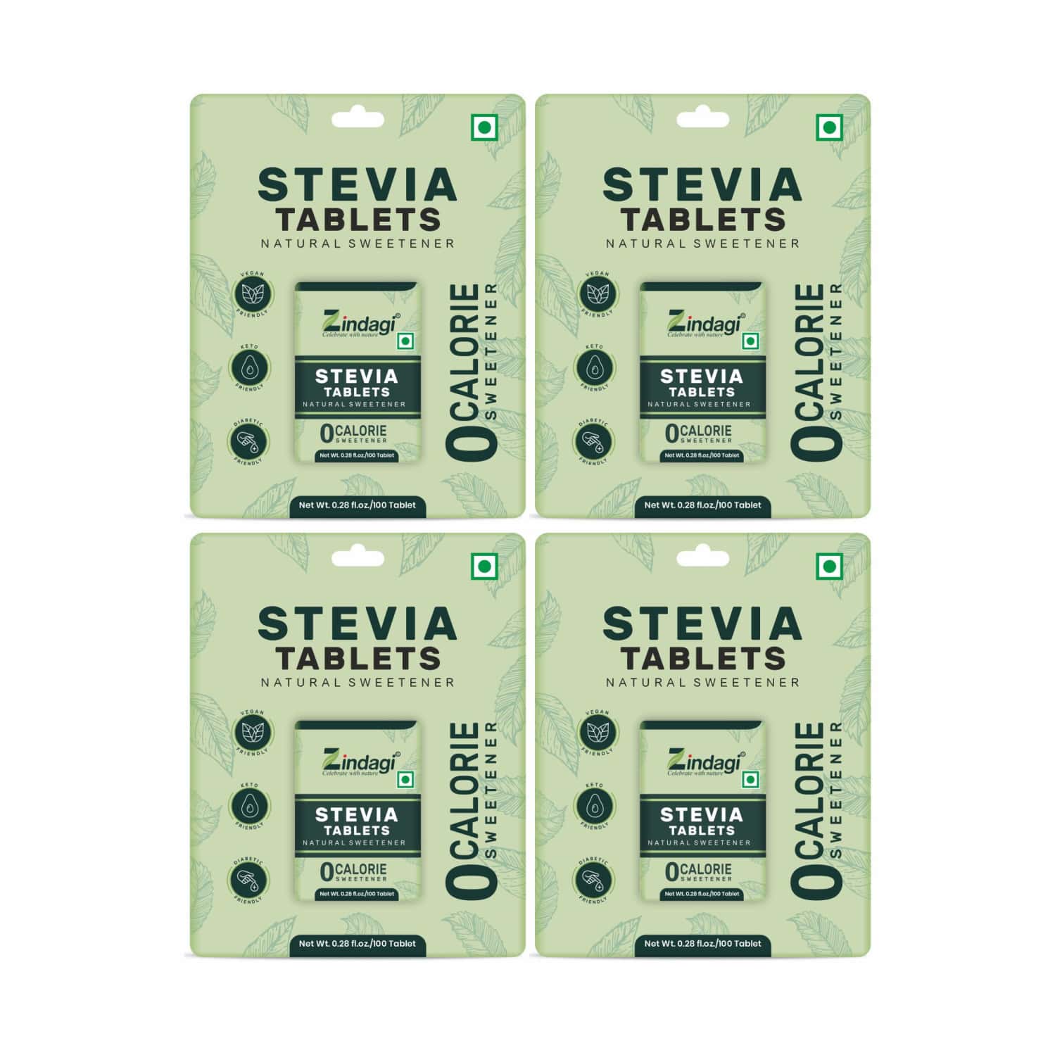 Zindagi Stevia Extract Tablets|100% Natural Sugarfree|stevia Tablets|100 Tablets | Pack Of 4