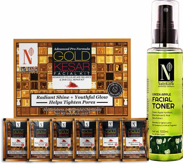 Nutriglow Natural's Advanced Pro Formual Gold Kesar Facial Kit 60Gm & Green Apple Facial Toner 100Ml