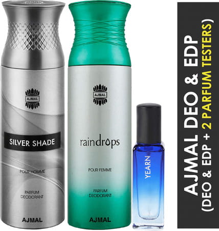 Ajmal Silver Shade & Raindrops Deo Each 200ml & Yearn Edp 20ml Pack 3 (Total 420ml) For Men & Women