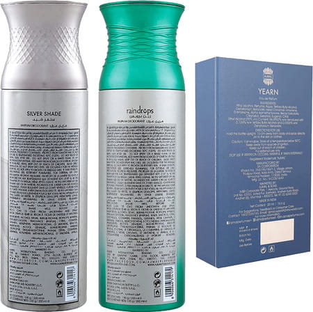 Ajmal Silver Shade & Raindrops Deo Each 200ml & Yearn Edp 20ml Pack 3 (Total 420ml) For Men & Women