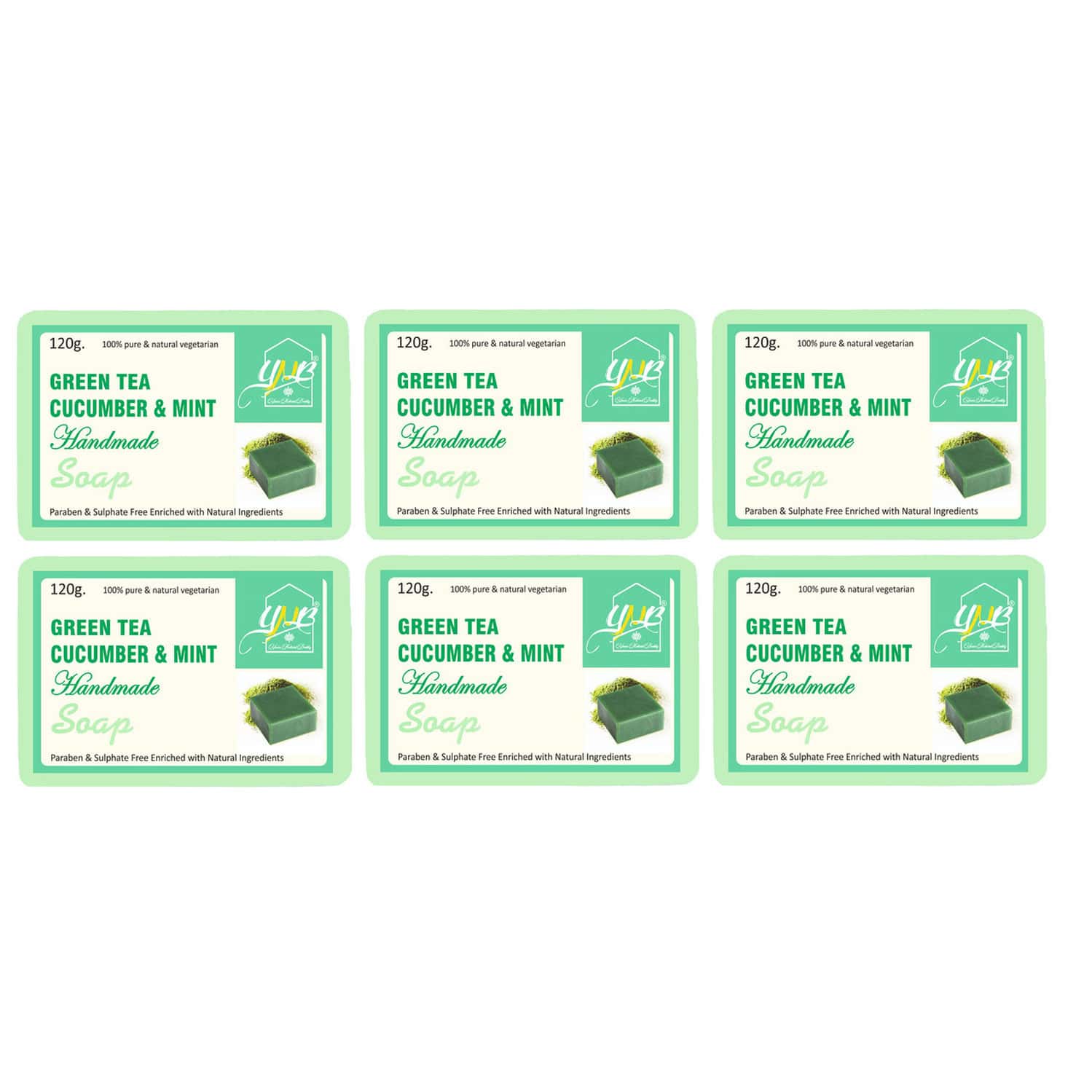 Ynb Yours Natural Buddy Organic Greentea | Cucumber & Mint Handmade Soap 120g (pack Of 6)
