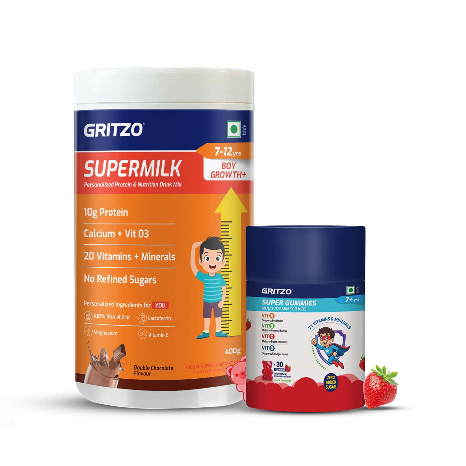 Gritzo Supermilk Growth+ (formerly Height+) (7-12y Boys) (double Chocolate 400g) With Super Gummies