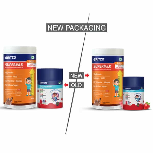 Gritzo Supermilk Growth+ (7-12Y Boys) (Double Chocolate | 400G) With Super Gummies (Strawberry)