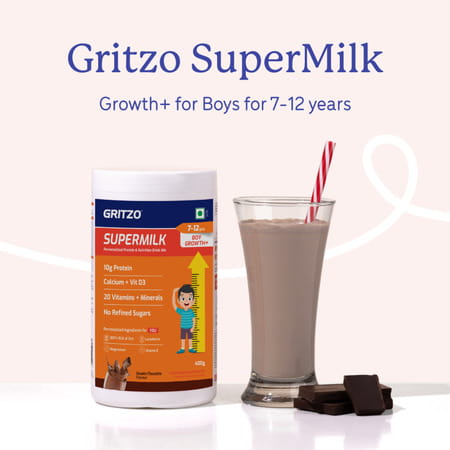 Gritzo Supermilk Growth+ (Formerly Height+) (7-12y Boys) (Double Chocolate 400g) With Super Gummies
