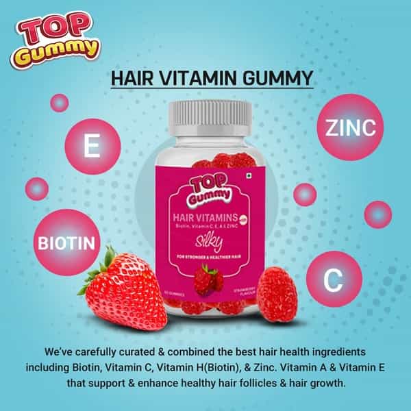 Top Gummy Hair Vitamins With Biotin Vitamin C E A & Zinc For Gorgeous Hair -30 Gummies Strawberry