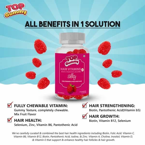 Top Gummy Hair Vitamins With Biotin Vitamin C E A & Zinc For Gorgeous Hair -30 Gummies Strawberry