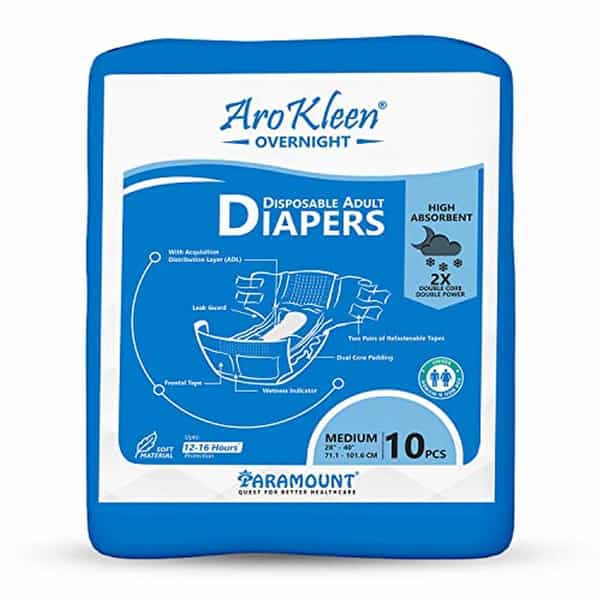 Arokleen Overnight Adult Diaper Tape Style Medium (Waist Size: 71.1 Cm-101.6 Cm) 10Pcs Pack Of 1