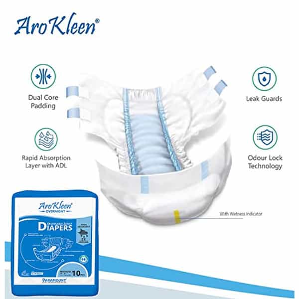 Arokleen Overnight Adult Diaper Tape Style Medium (Waist Size: 71.1 Cm-101.6 Cm) 10Pcs Pack Of 1