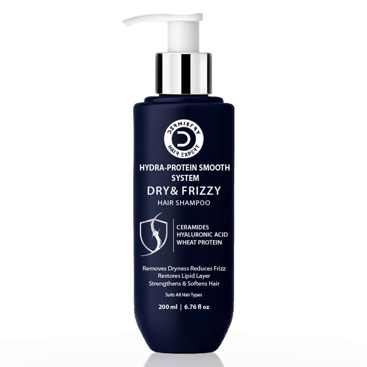 Dermistry Dry Frizzy Hair Ceramides Hyaluronic Acid Shampoo For Smoothening Frizz Control - 200ml