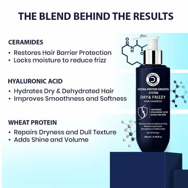 Dermistry Dry Frizzy Hair Ceramides Hyaluronic Acid Shampoo For Smoothening Frizz Control - 200Ml