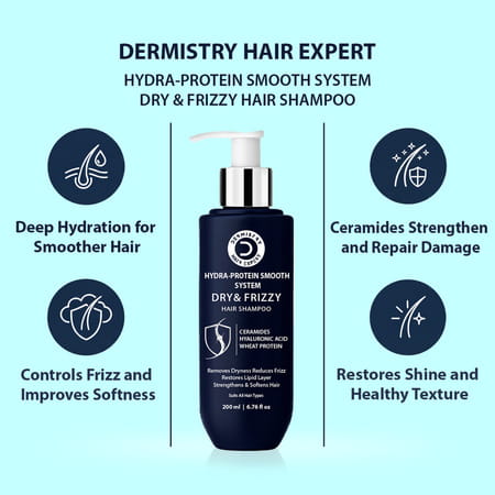 Dermistry Dry Frizzy Hair Ceramides Hyaluronic Acid Shampoo For Smoothening Frizz Control - 200ml