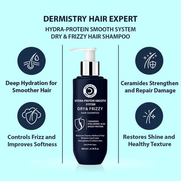 Dermistry Dry Frizzy Hair Ceramides Hyaluronic Acid Shampoo For Smoothening Frizz Control - 200Ml